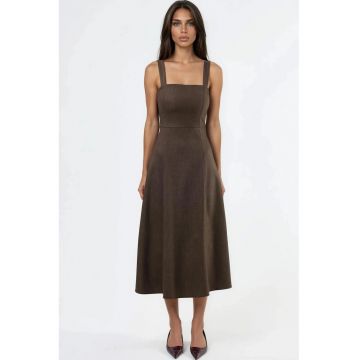 Rochie midi  A-Line - guler patrat - maro - bumbac/poliester/lycra