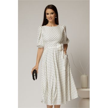 Rochie midi alba cu buline si cordon detasabil in talie