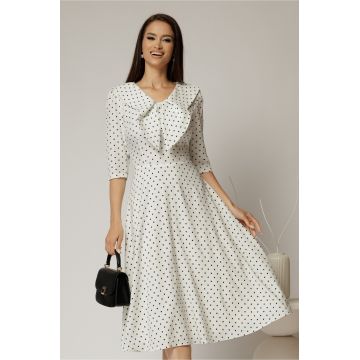 Rochie midi alba cu buline si guler amplu croi clos
