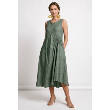 Rochie midi, asimetrica, din in, cu croiala ampla A-line si detaliu drapat, kaki