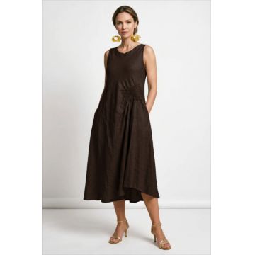 Rochie midi, asimetrica, din in, cu croiala ampla A-line si detaliu drapat, maro