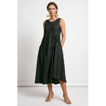 Rochie midi, asimetrica, din in, cu croiala ampla A-line si detaliu drapat, neagra