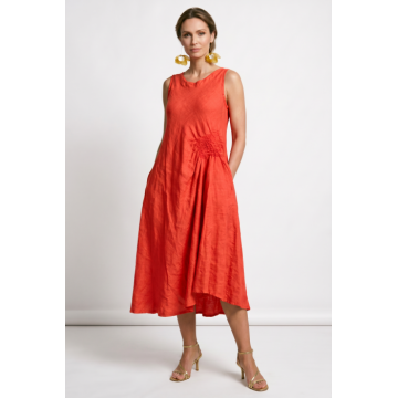 Rochie midi, asimetrica, din in, cu croiala ampla A-line si detaliu drapat, rosu tangerine