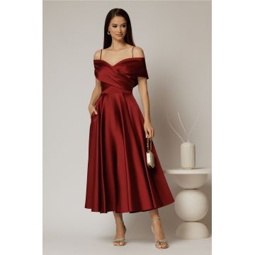 Rochie midi bordo din tafta de ocazie cu umeri goi