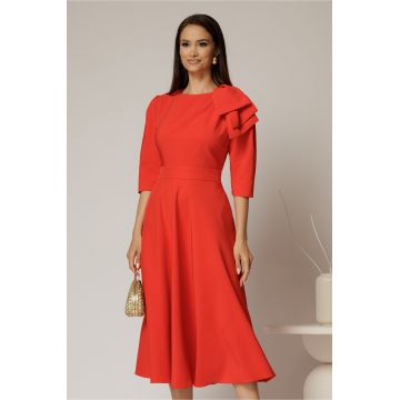 Rochie midi corai clos cu funda ampla pe umar si cordon detasabil