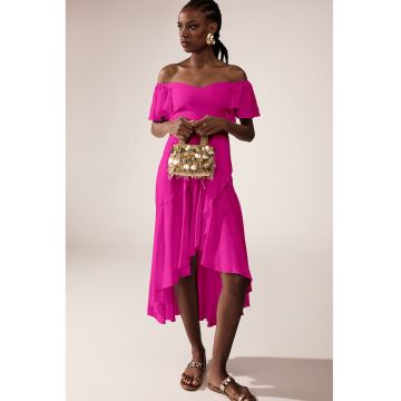 Rochie midi cu decolteu pe umeri - Fucsia
