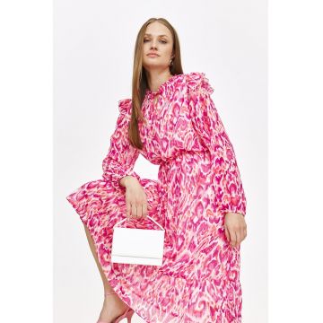 Rochie midi cu model - maneci bufante si volane - Alb/Roz aprins