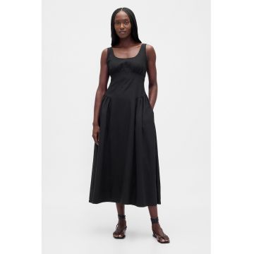 Rochie midi din amestec de in cu buzunare laterale - Negru