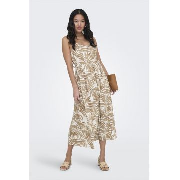 Rochie midi din amestec de in cu croiala evazata - Bej
