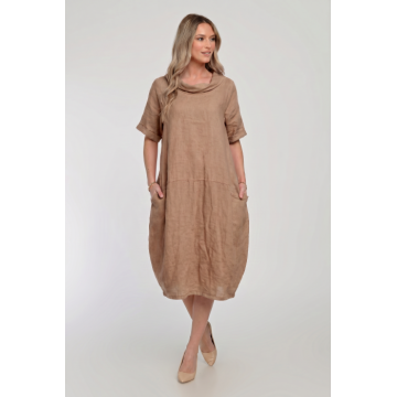 Rochie midi din in, lejera, croi lalea, oversized, camel