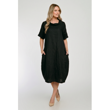 Rochie midi din in, lejera, croi lalea, oversized, neagra