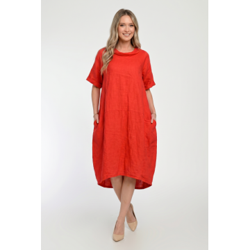 Rochie midi din in, lejera, croi lalea, oversized, rosu tangerine