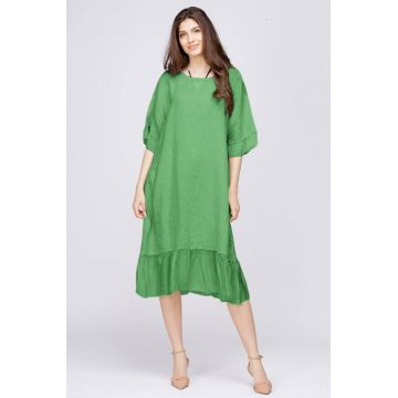 Rochie midi din in verde deschis cu volane din matase si funda pe spate