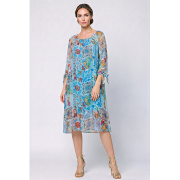 Rochie midi din matase si vascoza , cu imprimeu artistic albastru  Antica Sartoria
