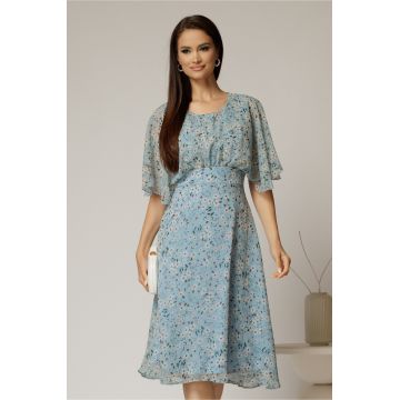 Rochie midi din voal bleu cu imprimeuri cu maneci scurte lejere