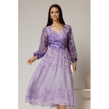 Rochie midi din voal lila cu imprimeuri mov si decolteu petrecut