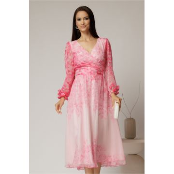 Rochie midi din voal roz cu imprimeuri fucsia si decolteu petrecut