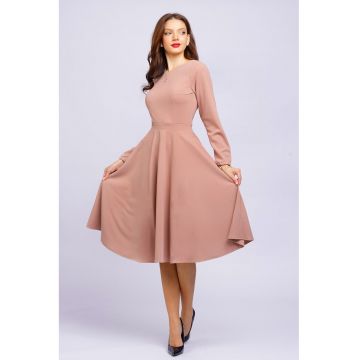 Rochie midi evazata cu decolteu barcuta - Roz prafuit deschis