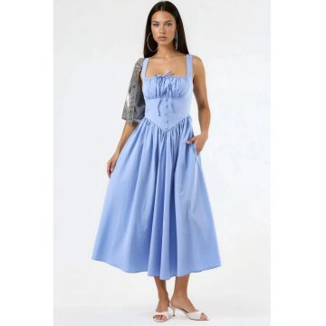 Rochie Midi  guler patrat - cu nasturi - bumbac/poliester - Albastru deschis