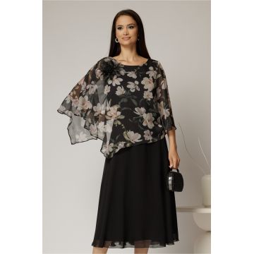 Rochie midi neagra cu voal cu imprimeuri bej