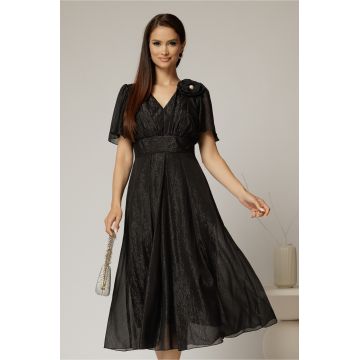Rochie midi neagra din voal cu fir lurex si floare la umar