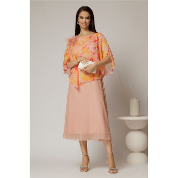 Rochie midi roz somon cu voal cu imprimeuri oranj