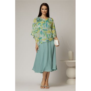 Rochie midi verde menta cu voal cu imprimeuri menta
