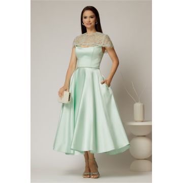 Rochie midi verde menta de ocazie din tafta cu dantela pe umeri