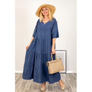 Rochie oversize cu volane si broderie la decolteu, din in, albastru jeans