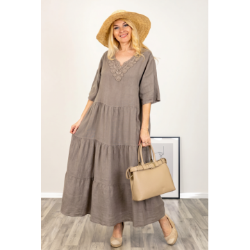 Rochie oversize cu volane si broderie la decolteu, din in bej inchis