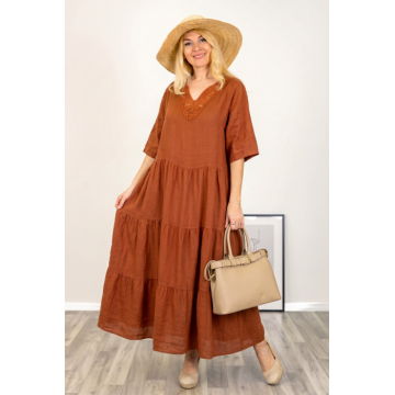Rochie oversize cu volane si broderie la decolteu, din in, caramizie