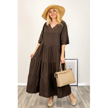 Rochie oversize cu volane si broderie la decolteu, din in maro