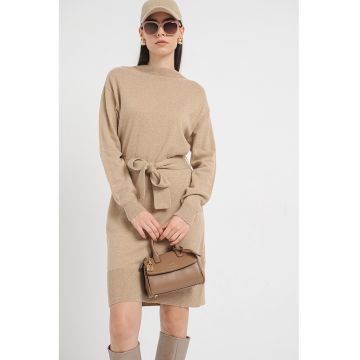 Rochie-pulover tricotata fin din amesctec de lana - Auriu/Maro nisip