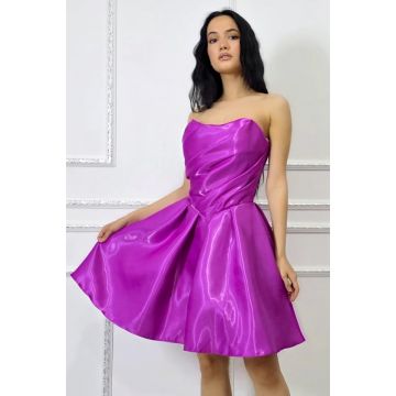 Rochie scurta babydoll Zafira, croiala de ocazie cu reflexii lucioase, Violet magenta