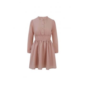 Rochie scurta din amestec de in cu garnitura cu insertii elastice in talie - Roz pal