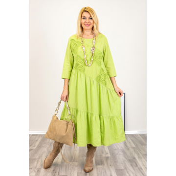 Rochie verde lime oversize, cu taietura oblica si broderie, din poplin si jerseu