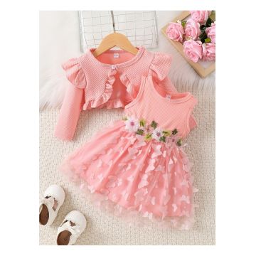 Rochiță și Bolero Roz Tulle și Aplicații Florale Noelia