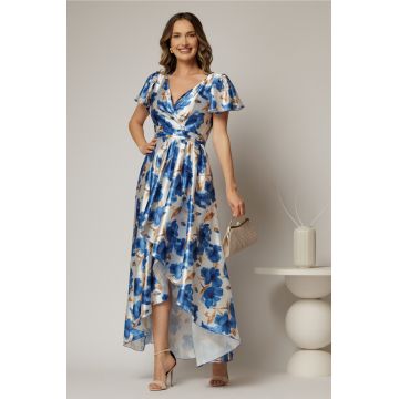 Rochie asimetrica din satin cu imprimeuri albastre si decolteu petrecut