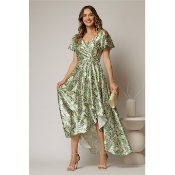 Rochie asimetrica din satin cu imprimeuri verzi si decolteu petrecut