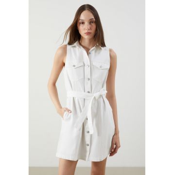 Rochie-camasa din denim cu buzunare multiple - Alb/Gri deschis