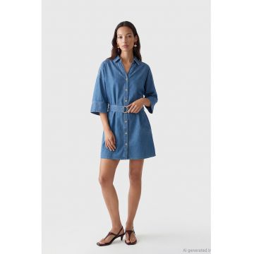 Rochie-camasa din denim cu o curea - Albastru inchis