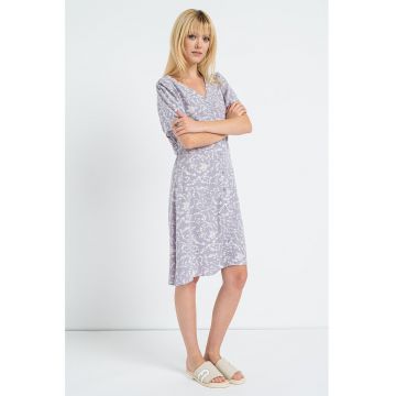 Rochie cu decolteu in V si imprimeu floral - Alb/Lila pal