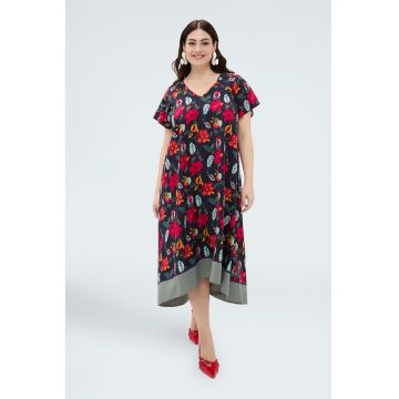 Rochie cu decolteu in V si imprimeu floral - Rosu/Verde/Bleumarin