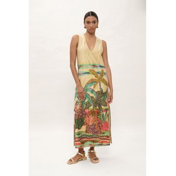 Rochie cu decolteu in V si imprimeu - Galben vanilie/Verde deschis/Rosu deschis