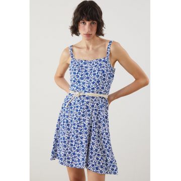 Rochie cu decolteu patrat si imprimeu floral - Alb/Albastru