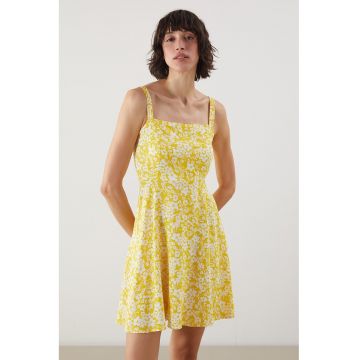 Rochie cu decolteu patrat si imprimeu floral - Galben/Alb murdar