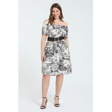 Rochie cu decolteu pe un umar si model floral - Alb/Negru