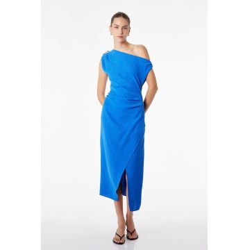 Rochie cu decolteu pe un umar si slit frontal - Albastru
