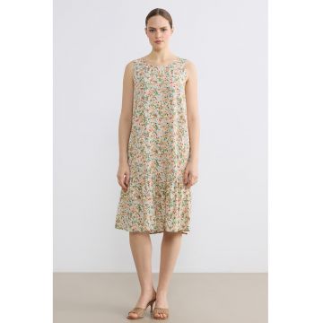 Rochie cu decolteu rotund si model floral - Rosu/Verde/Portocaliu/Alb murdar