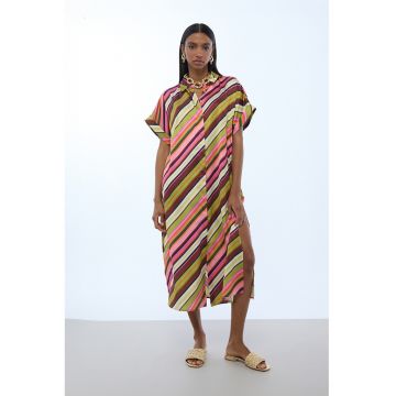 Rochie cu maneci scurte si dungi - Roz/Verde mar/Violet pruna